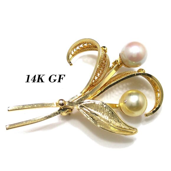 Vintage 14K Gold Filled Floral Spray Brooch with Two Pearls Mid-Century - Picture 1 of 10